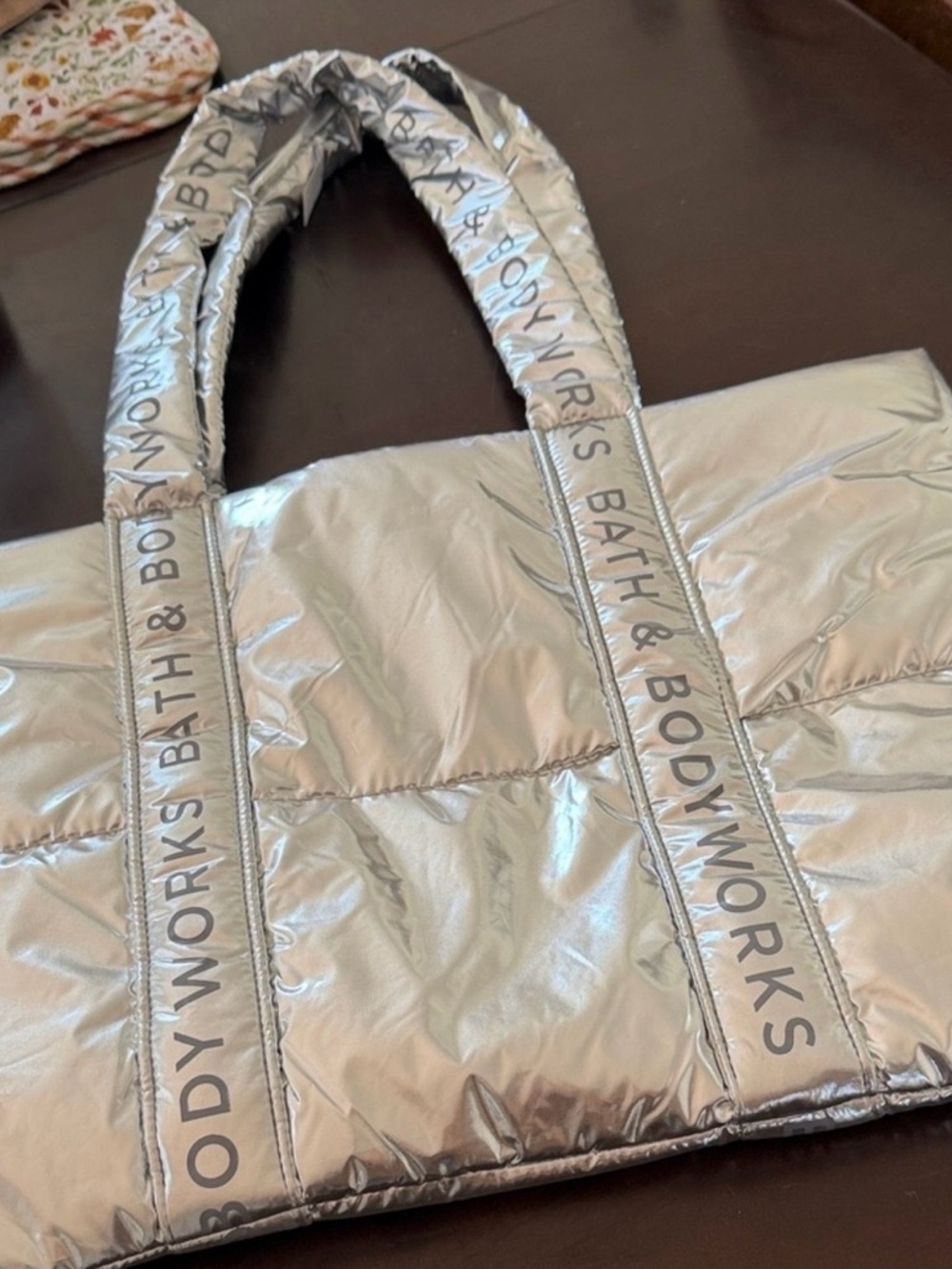 Bath & Body Works Metallic Silver Puffer Tote